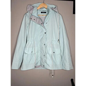 Zegolo baby blue & stripes hooded rain jacket coat outdoor women’s size Small